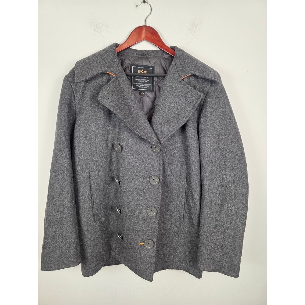 Alpha Industries Mens Charcoal Grey Wool Blend Quilted Lined Pea Coat‎ Size M
